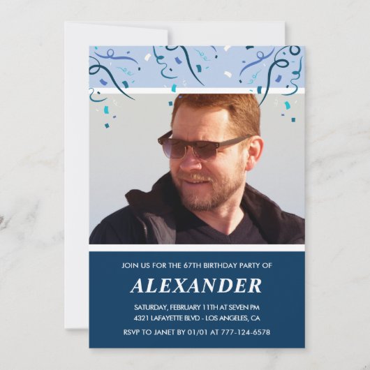 Invitation Homme photo bleu marine moderne 67e anniversaire (Devant)