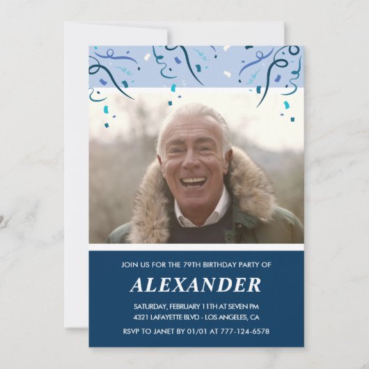 Invitation Homme photo bleu marine moderne 79e anniversaire (Devant)