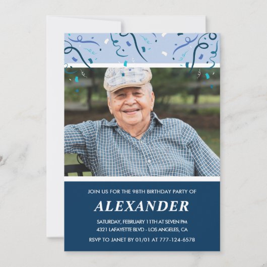 Invitation Homme photo bleu marine moderne 98e anniversaire (Devant)