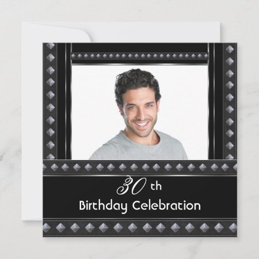 Invitation Hommes 30e fête d'anniversaire Noir Blanc Argent (Devant)