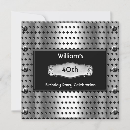 Invitation Hommes 40e fête d'anniversaire Silver Metal Studs  (Devant)