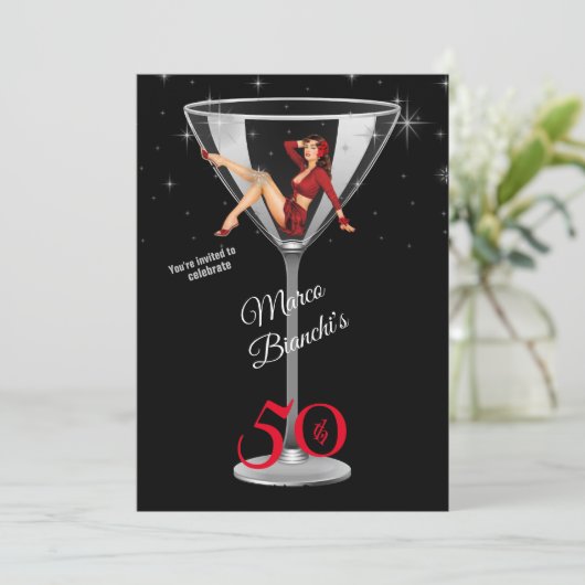 Invitation Hommes 50e anniversaire Fille en verre Martini (Debout devant)