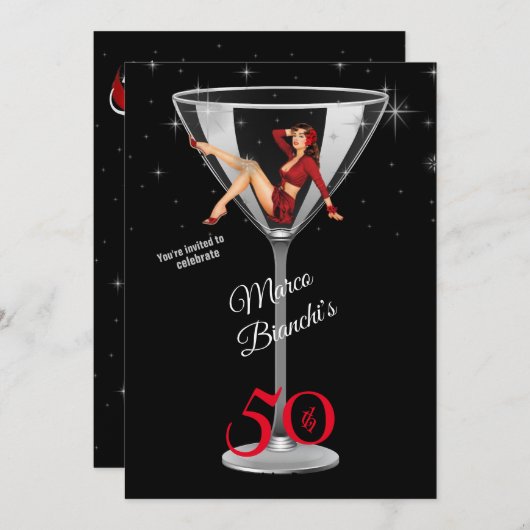 Invitation Hommes 50e anniversaire Fille en verre Martini (Devant / Derrière)
