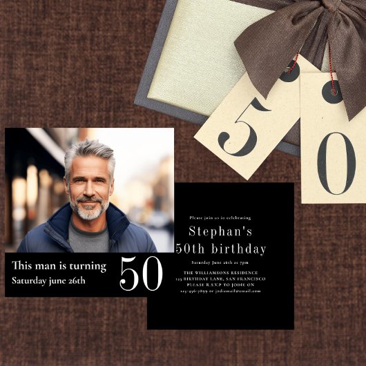 Invitation Hommes 50e anniversaire photo moderne double face