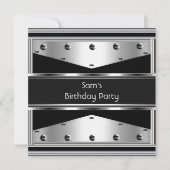 Invitation Hommes Anniversaire Fête Argent Métal Noir Mans (Devant)