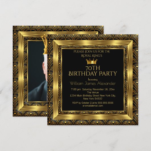 Invitation Hommes Anniversaire Photo Crown Gold Art Déco (Devant / Derrière)