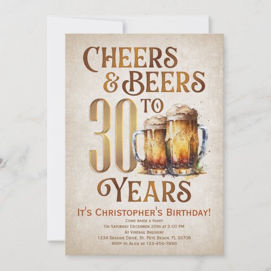 Invitation Hommes Cheers & Beers Funny 30e anniversaire (Devant)