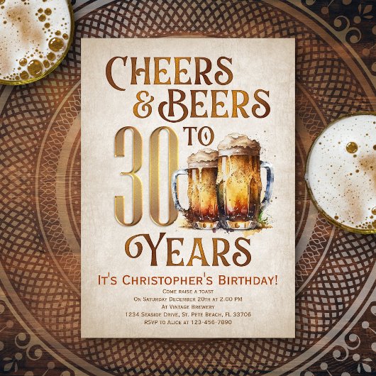 Invitation Hommes Cheers & Beers Funny 30e anniversaire