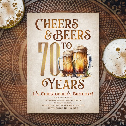 Invitation Hommes Cheers & Beers Funny 70e anniversaire