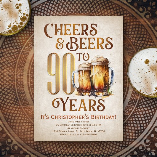 Invitation Hommes Cheers & Beers Funny 90e anniversaire