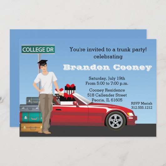 Invitation Hommes College Trunk Party Graduation Départ (Devant / Derrière)