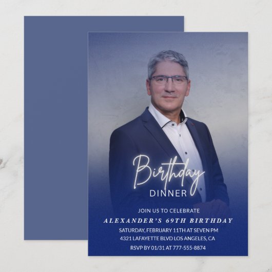 Invitation Hommes Diner Photo Marine bleu 69e anniversaire (Devant / Derrière)