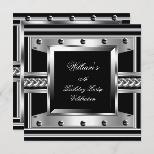 Invitation Hommes Noir Argent Fête Anniversaire Métal Studs L (Devant / Derrière)