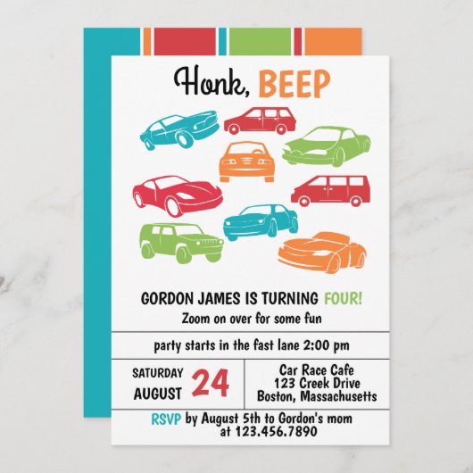 Invitation Honer Beep Automobile/Voitures Fête d'anniversaire (Devant / Derrière)
