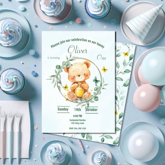 Invitation Honey Bear Cute Green Boy 1er anniversaire