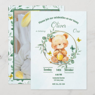 Invitation Honey Bear Cute Green Photo Boy 1er anniversaire