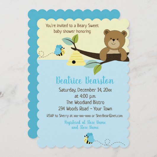 Invitation Honey Bear et Boy Bumble Bee Baby shower Invitatio (Devant / Derrière)