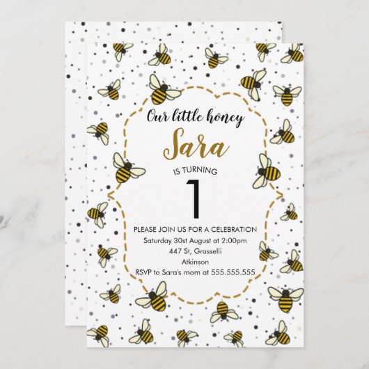 Invitation Honey Bee 1ère fête d'anniversaire (Devant / Derrière)
