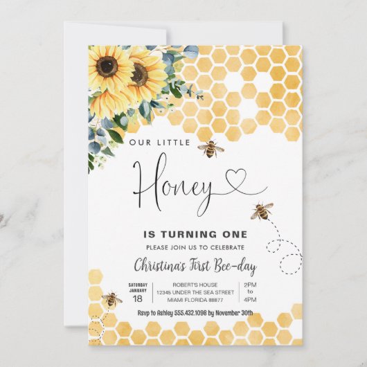 Invitation Honey Bee 1ère fête des abeilles Anniversaire (Devant)