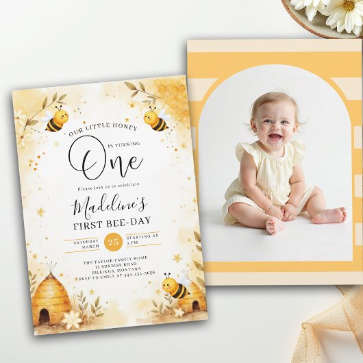 Invitation Honey Bee-Day Watercolor Photo Arch 1st Birthday