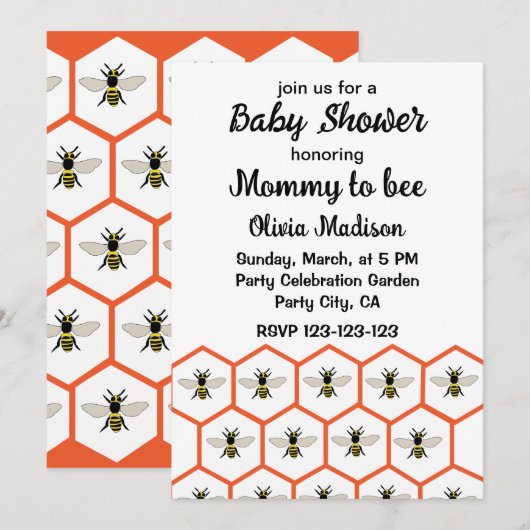 Invitation Honey Bee Honeycomb Maman à être Baby shower (Devant / Derrière)