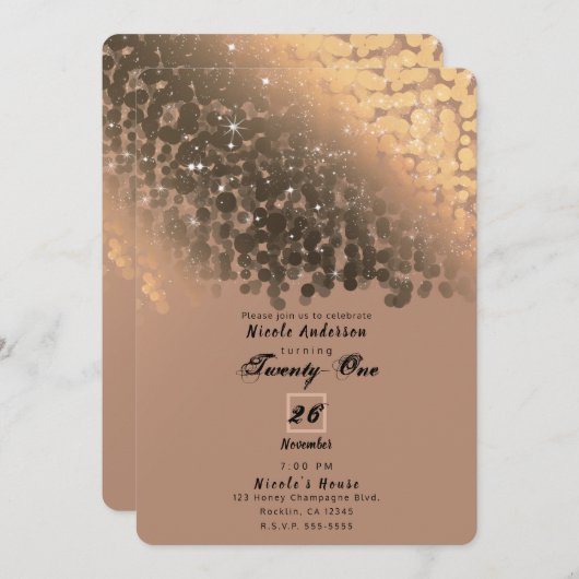 Invitation Honey Beige Champagne Golden Sparkle Lights Party (Devant / Derrière)