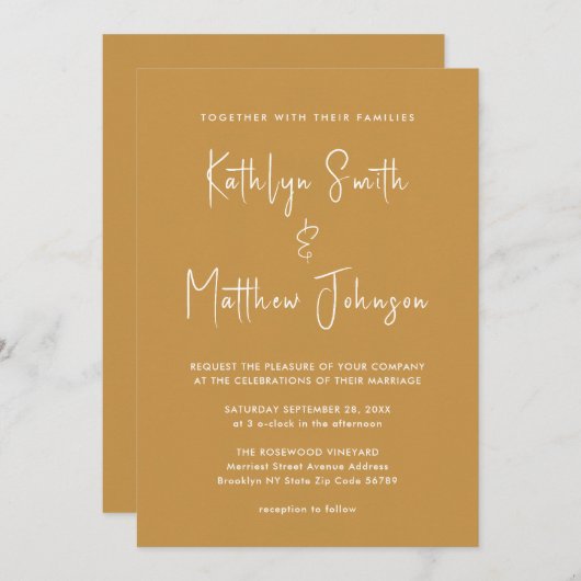 Invitation Honey Gold Modern Script Tout en un Mariage chic (Devant / Derrière)