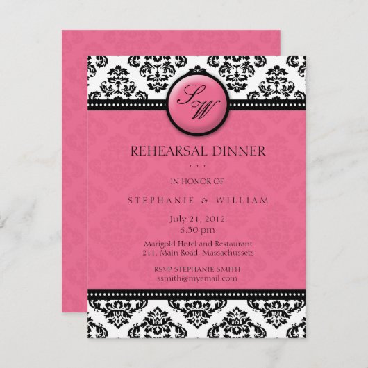 Invitation Honeysucké Damask Monogram Rehearsal Dinner Card (Devant / Derrière)