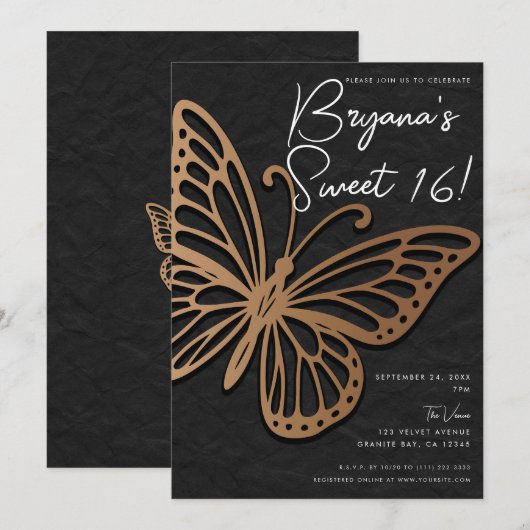 Invitation Honeywind Brown Black Boho Papillon Sweet 16  (Devant / Derrière)