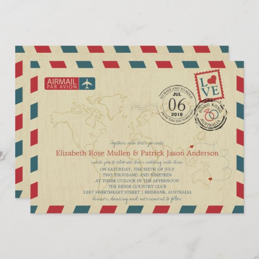 Invitation Hong Kong / Australie Antique Airmail | Mariage (Devant / Derrière)