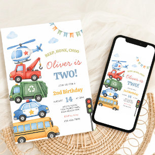 Invitation Honk Beep Choo 2e Anniversaire Véhicules