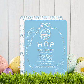 Invitation Hop on Over Blue Bow Bunny Easter Brunch