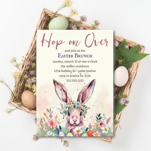 Invitation Hop on Over Easter Bunny Spring Brunch floral