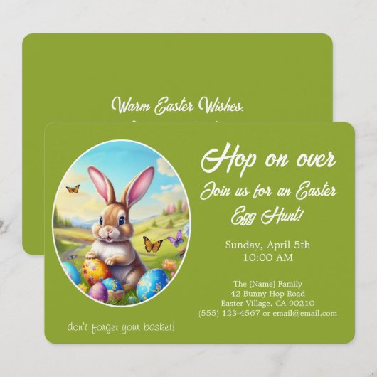 Invitation Hop on Over Easter Egg Hunt Bunny Green -  (Devant / Derrière)