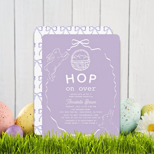 Invitation Hop on Over Lavender Bow Bunny Baby Shower