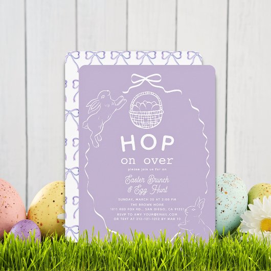 Invitation Hop on Over Lavender Bow Bunny Easter Brunch