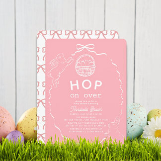 Invitation Hop on Over Pink Bow Girl Bunny Baby Shower
