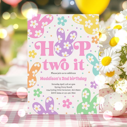 Invitation Hop Two It Bunny 2e anniversaire Pastel Daisy Flor