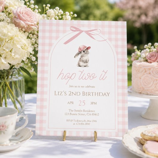 Invitation Hop Two It Rose Gingham Lapin 2e Anniversaire