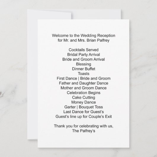 Invitation Horaire de réception de M. et Mme Palfrey (Devant)