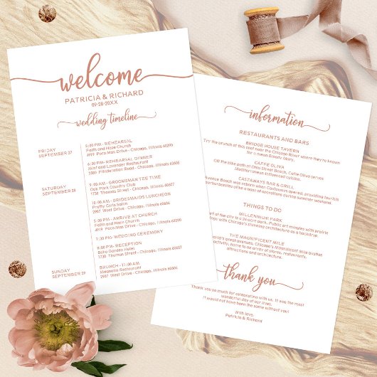 Invitation Horaire du Mariage de fin de semaine Rose Gold Cal