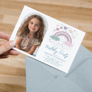 Invitation Horizontal rose I violet arc-en-ciel et coeurs Ann