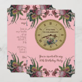Invitation Horloge Vintage aux fleurs Fête d'anniversaire (Devant / Derrière)