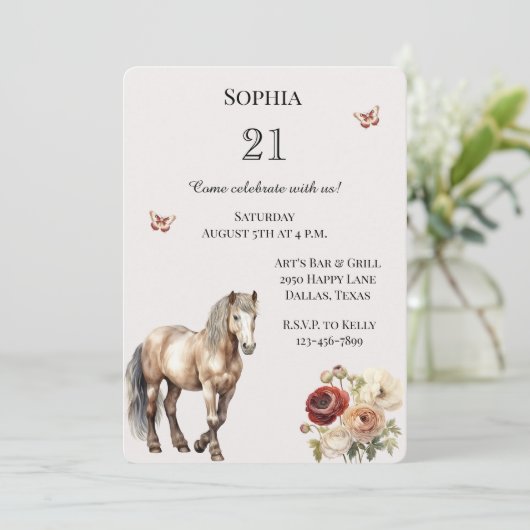Invitation Horse Bourgogne Crème Florale Anniversaire (Debout devant)