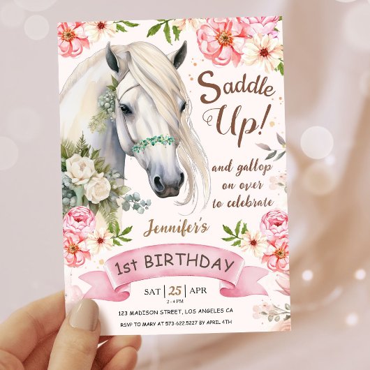 Invitation Horse Fête d'anniversaire Filles rose 1er annivers