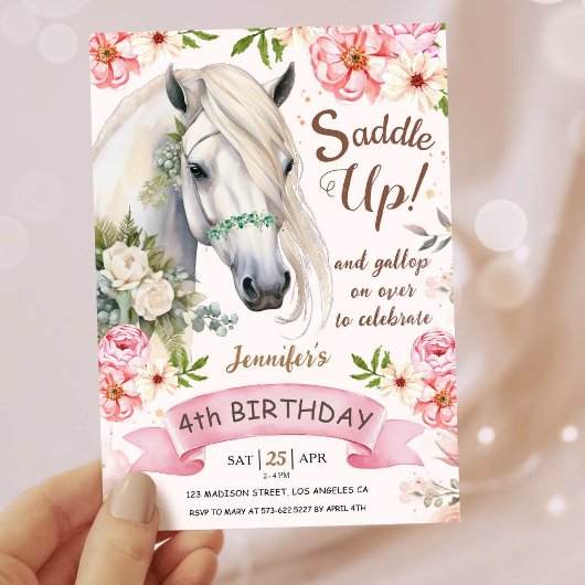 Invitation Horse Fête d'anniversaire Filles rose 4e anniversa
