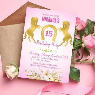 Invitation Horse fête d'anniversaire thématique rose et or