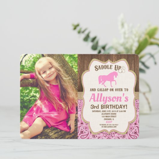 Invitation Horse fille anniversaire rose or rose photo rustiq (Debout devant)