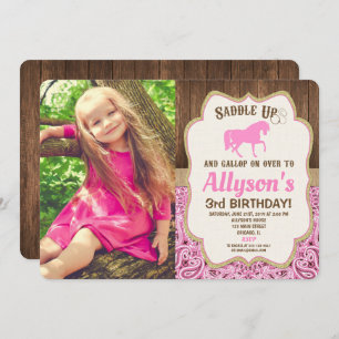 Invitation Horse fille d'anniversaire rose or rustique photo