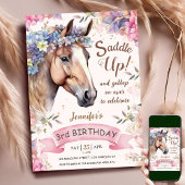 Invitation Horse Girl 3e anniversaire Fleurs roses selle up
